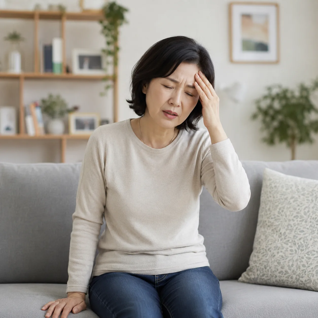회전성 어지럼증으로 이마를 짚고 앉아 있는 여성