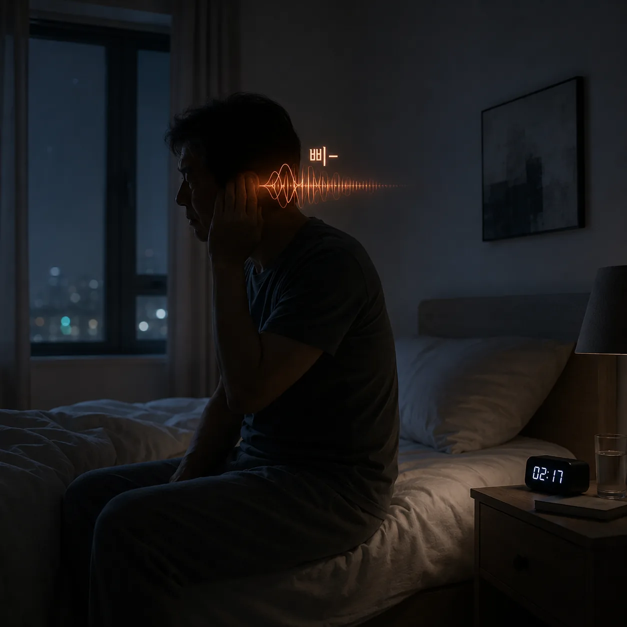 만성 이명으로 밤에 잠을 이루지 못하는 모습