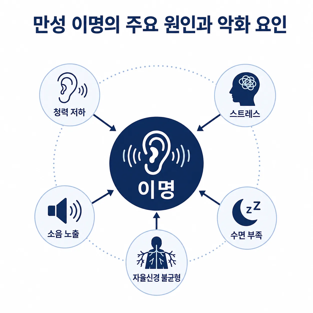 만성 이명의 주요 원인과 악화 요인 다이어그램