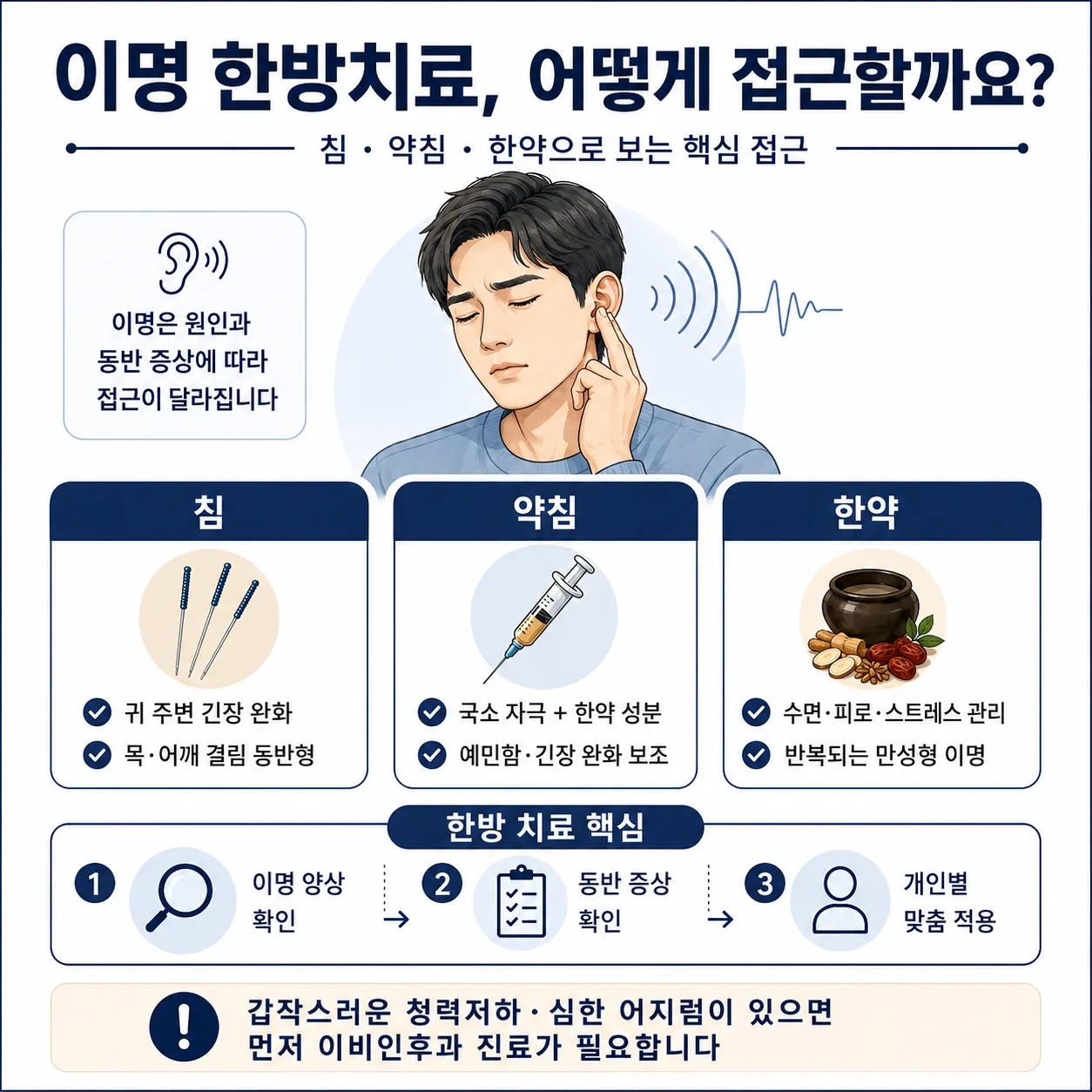 이명 유형별 침 약침 한약 한방 치료 접근을 설명하는 이미지