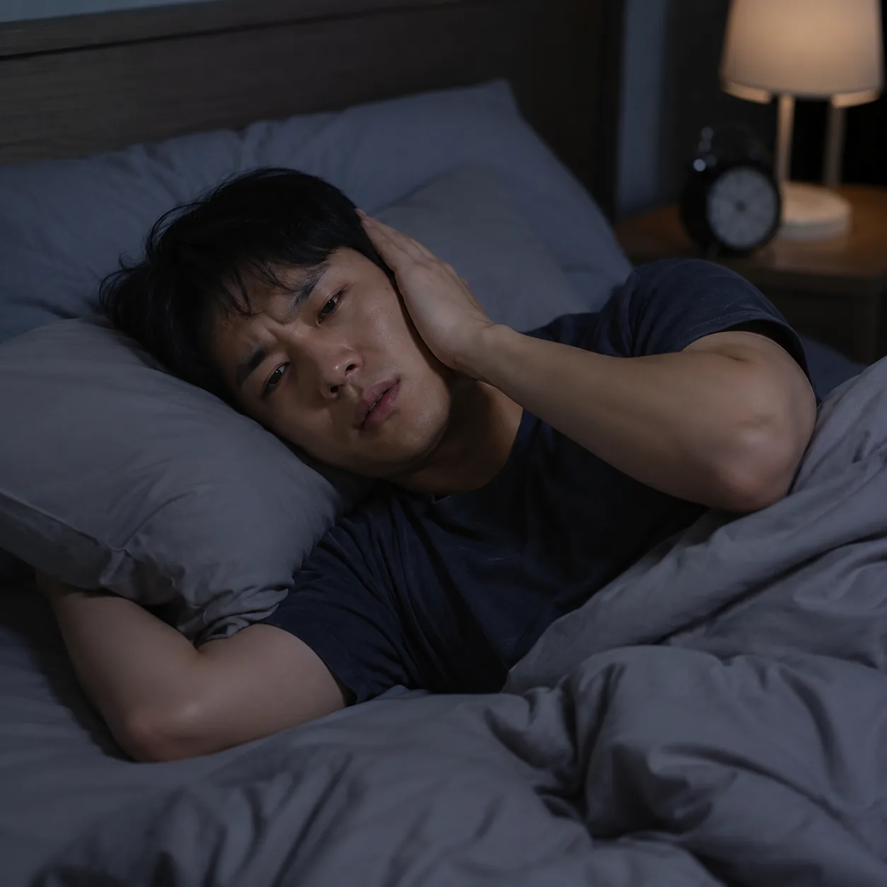 이명 수면장애로 밤에 잠 못 드는 모습