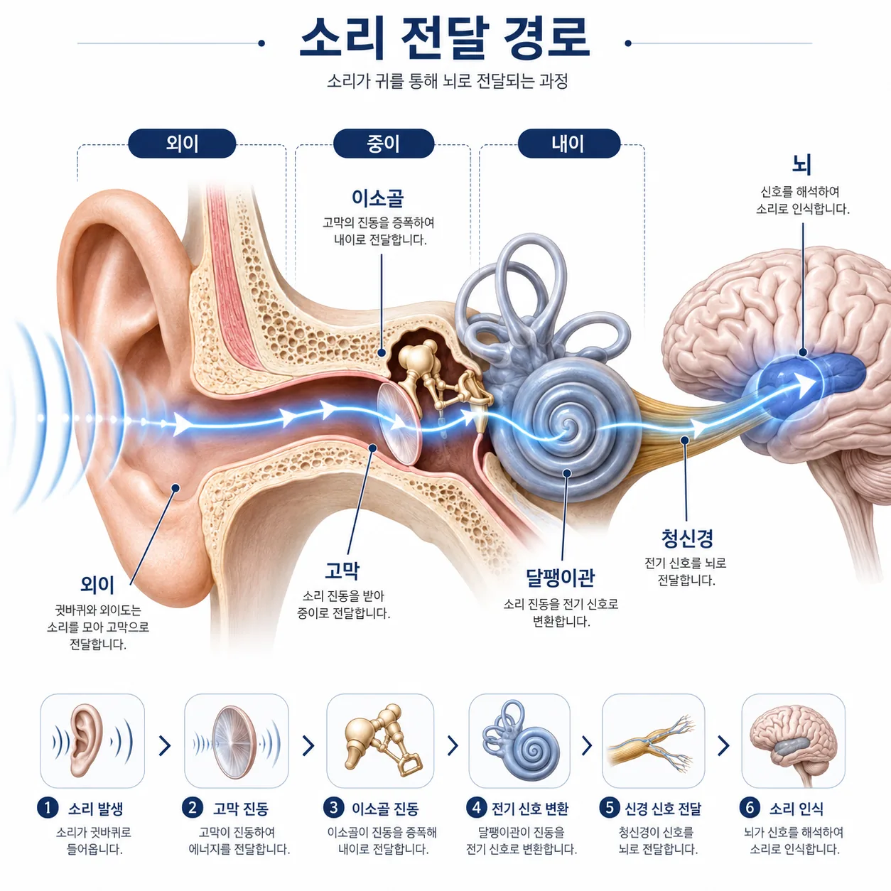 난청을 이해하기 위한 귀 구조와 소리 전달 경로 설명 이미지 - 산본중심한의원