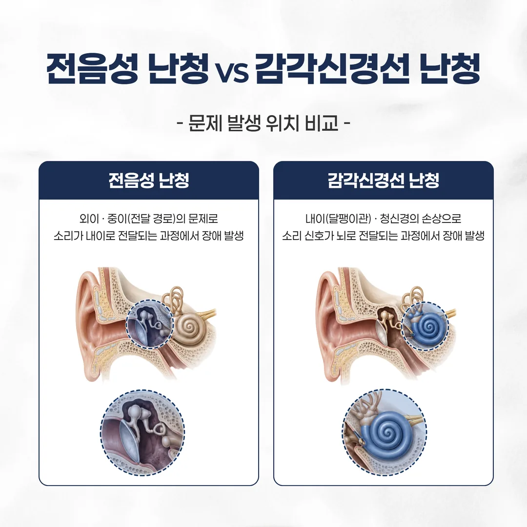 전음성 난청과 감각신경성 난청 발생 위치 비교 인포그래픽