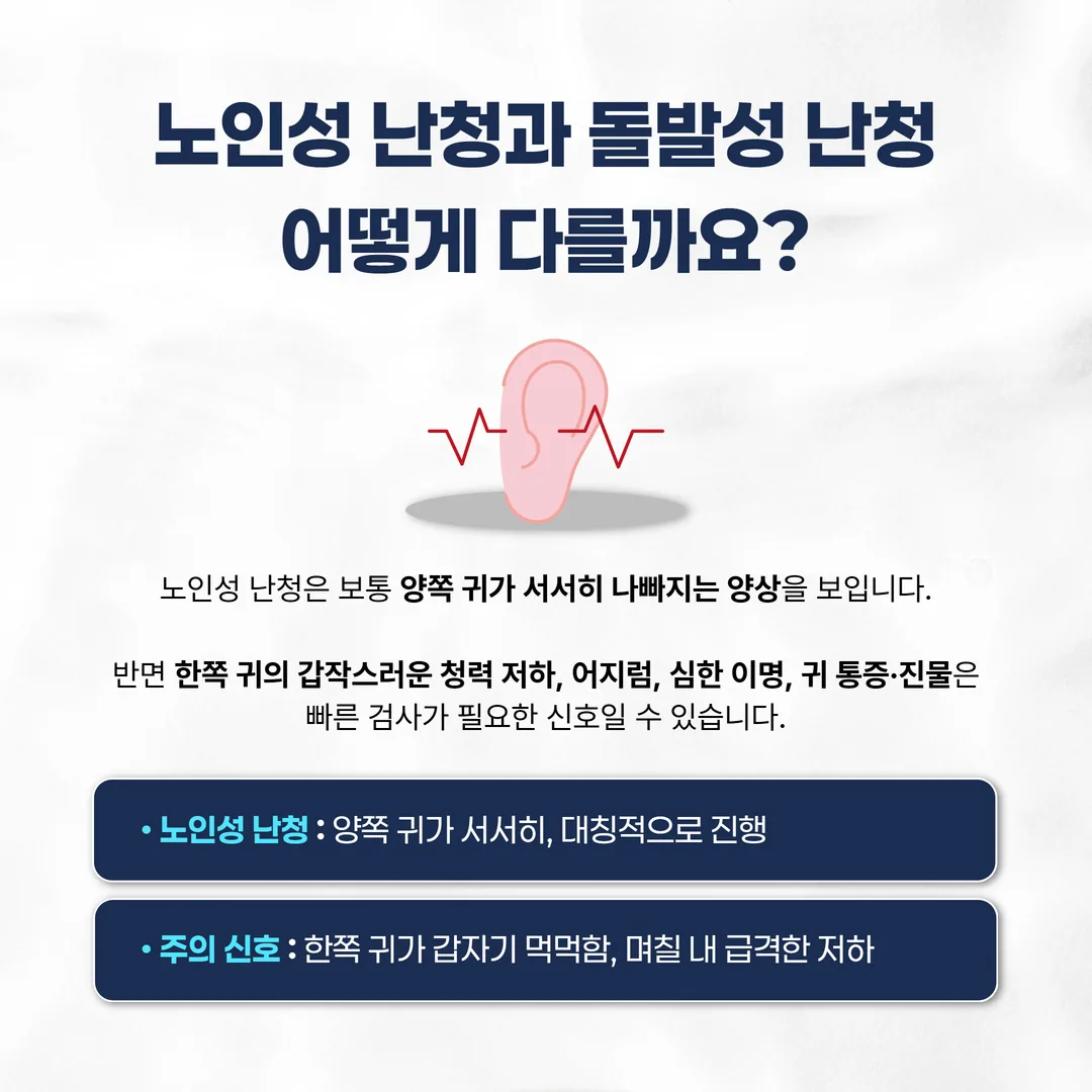 서서히 진행되는 노인성 난청과 급격히 떨어지는 돌발성 난청의 청력 변화 비교