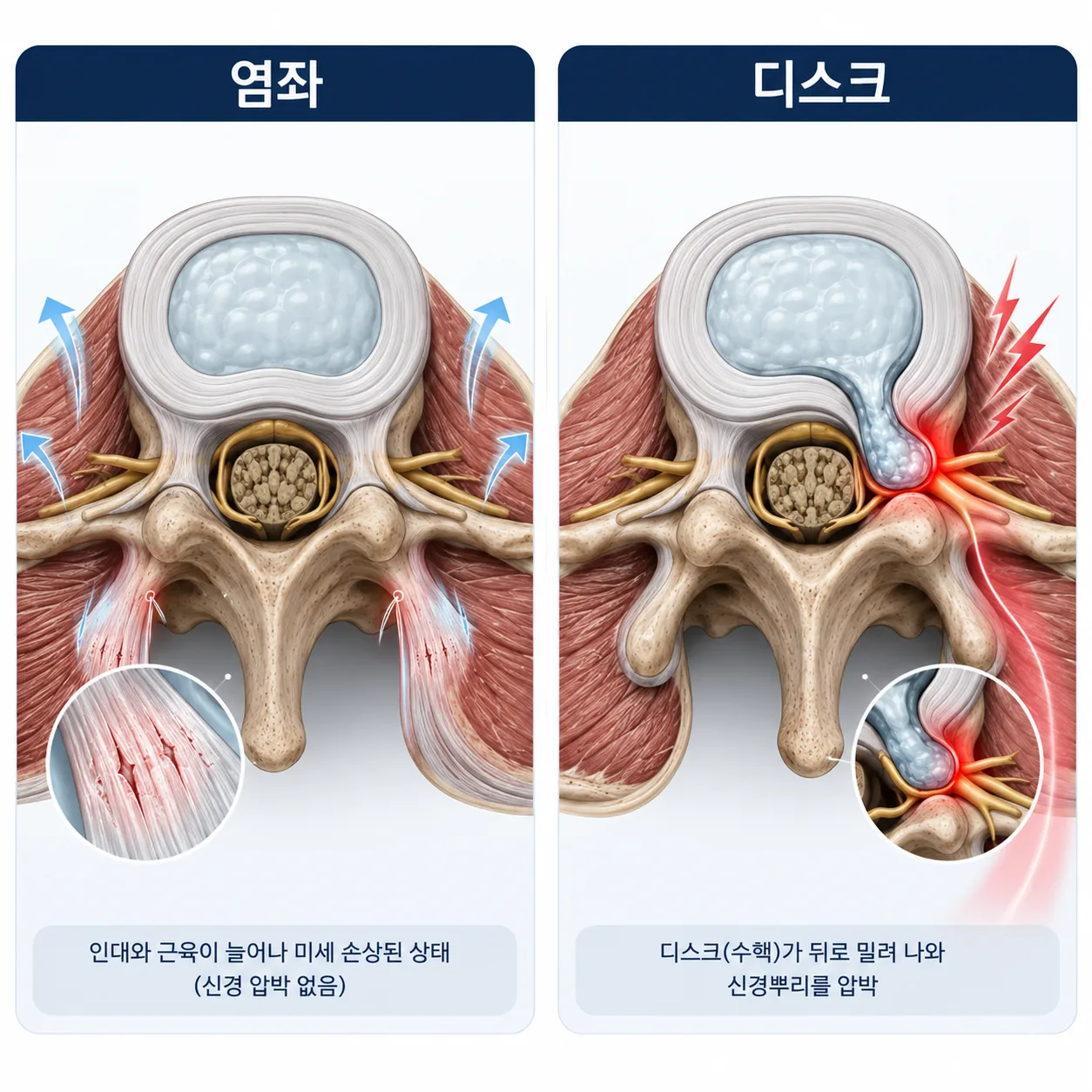 요추 염좌와 추간판탈출증 구조 비교