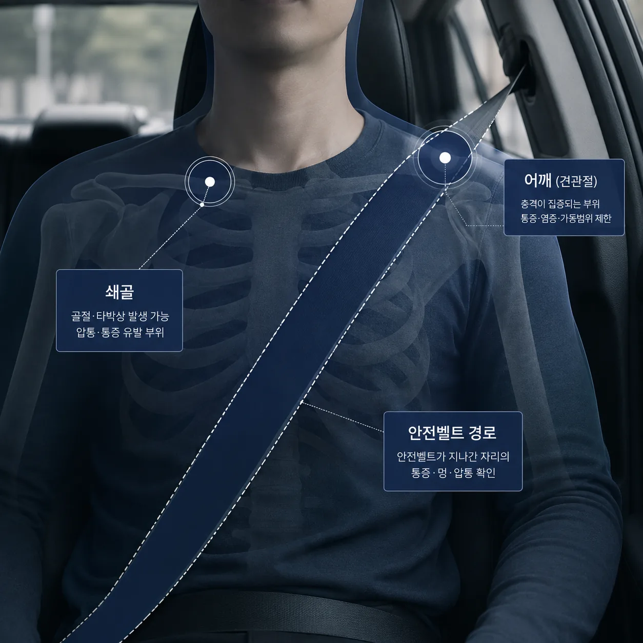 교통사고 어깨 통증에서 안전벨트가 지나가는 어깨·쇄골 라인을 표시한 연출 이미지