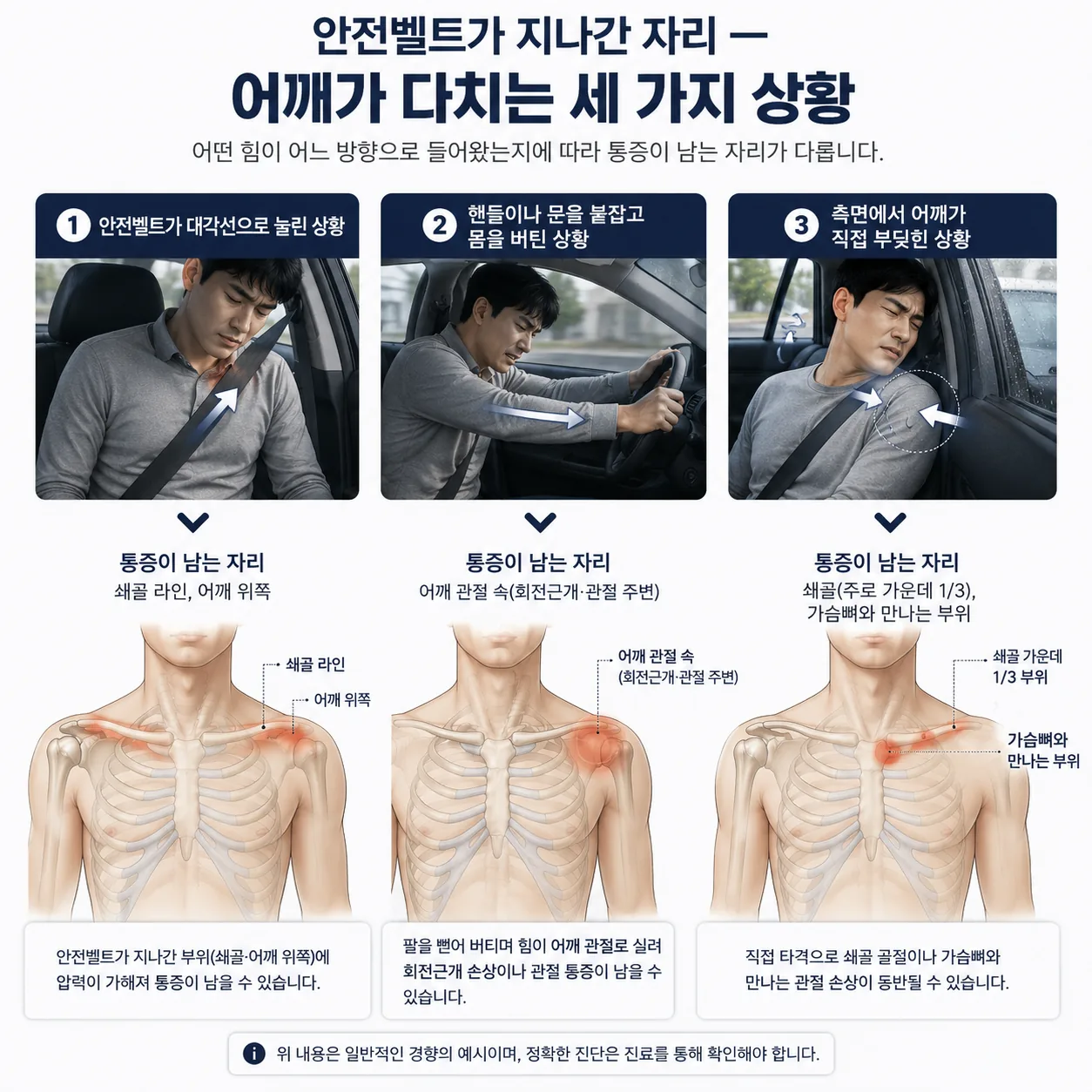 안전벨트 압박·핸들 버팀·측면 충돌별 교통사고 어깨 통증 부위 도해