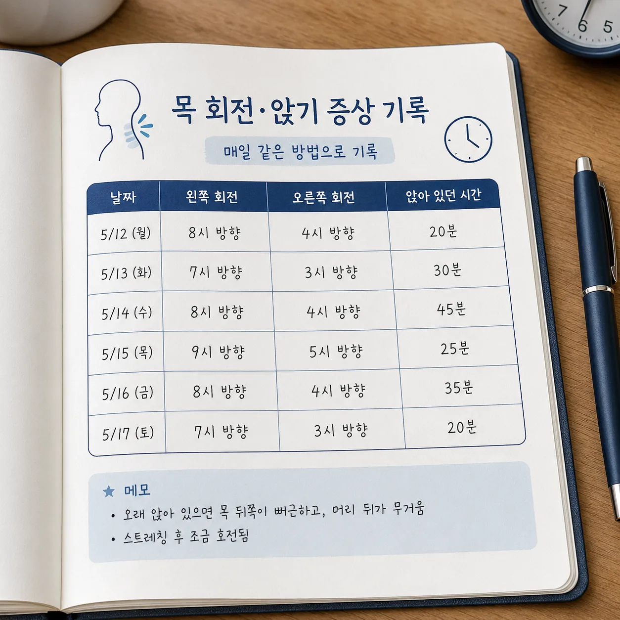 교통사고 통증 기록 노트 작성 예시