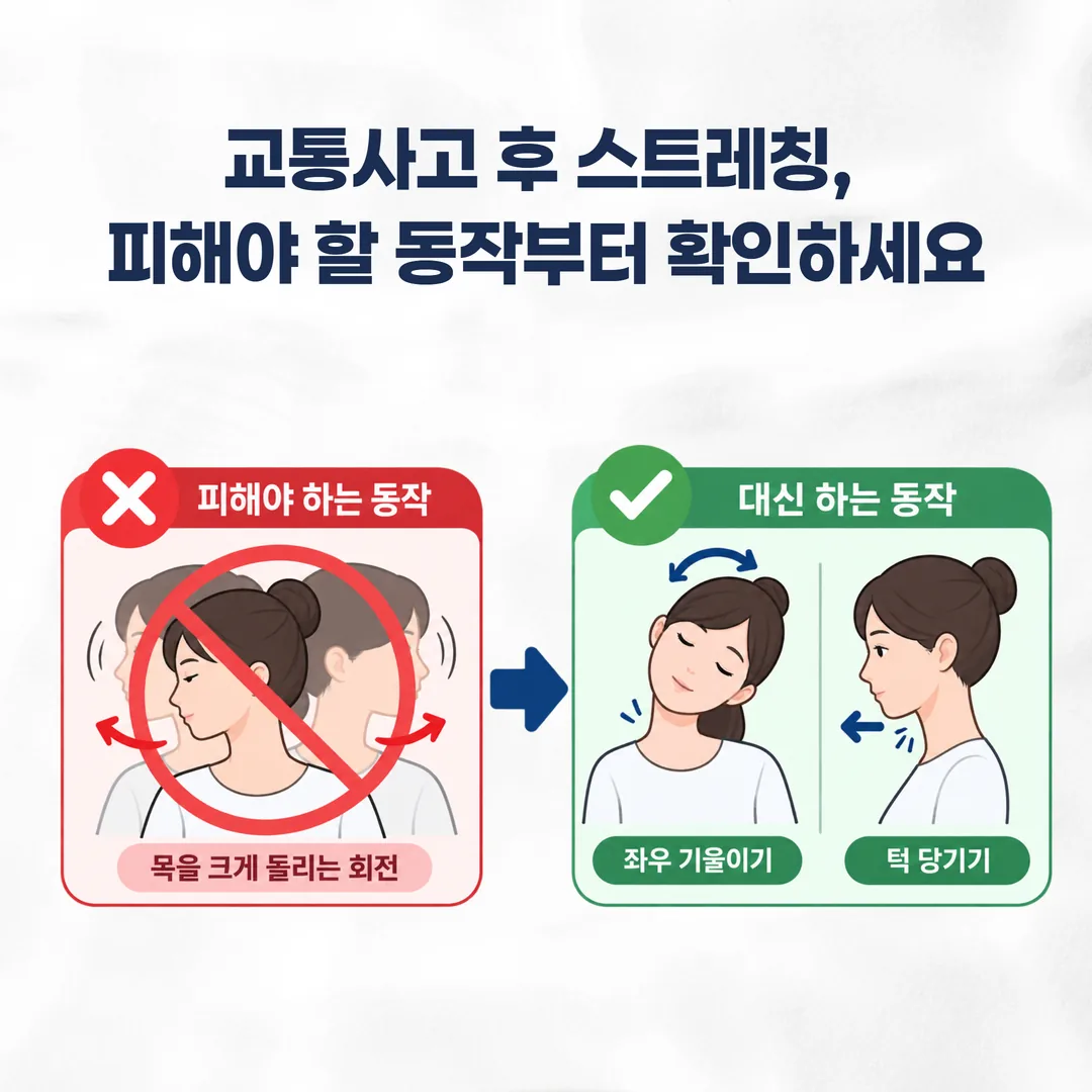 교통사고 후 피해야 하는 목 회전 동작과 대신 하는 동작 비교