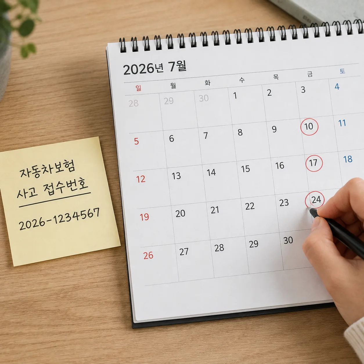 교통사고 접수 후 통원 날짜를 달력에 표시하는 모습
