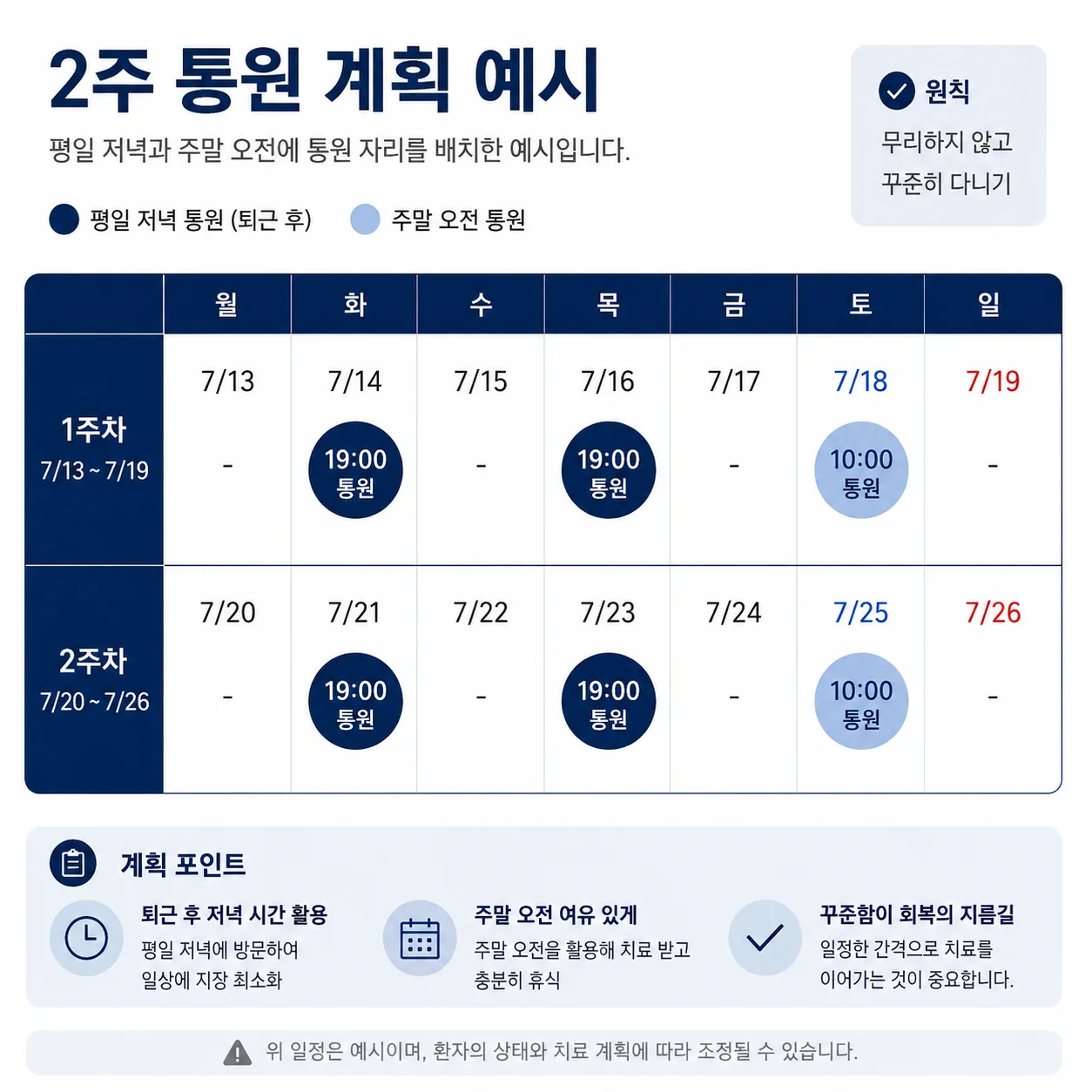 교통사고 통원 일정을 2주 단위로 배치한 예시 일정표