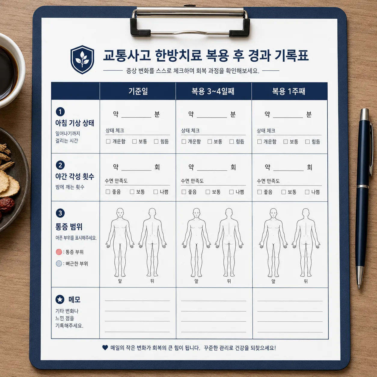 교통사고 한약 복용 후 경과를 확인하는 기록표