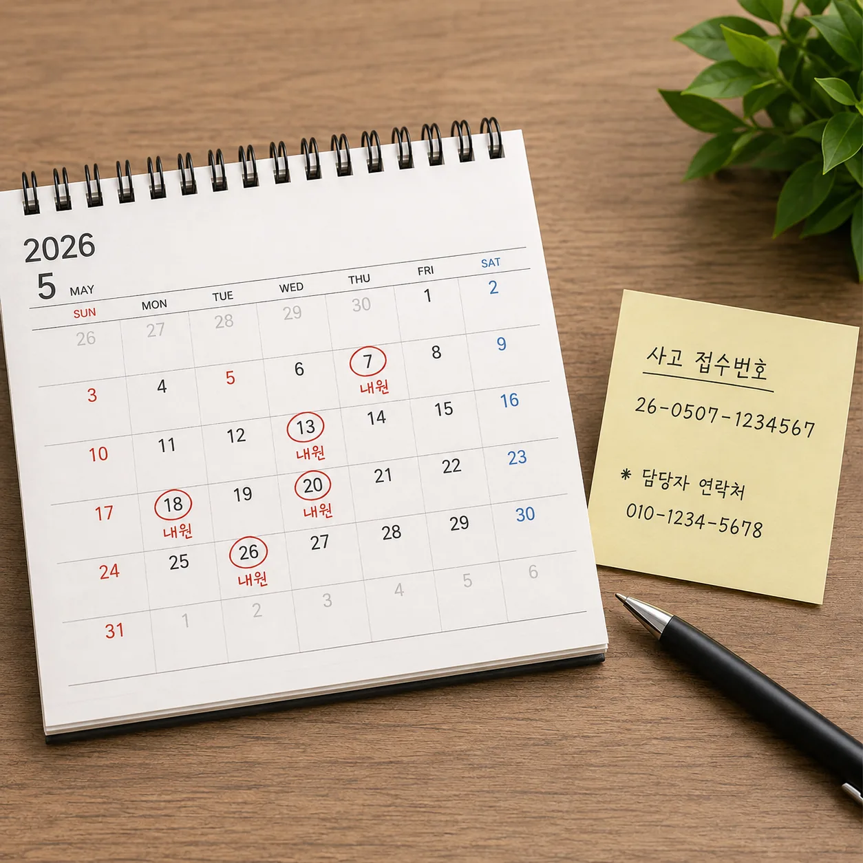 교통사고 내원 날짜를 표시한 달력과 사고 접수번호 메모