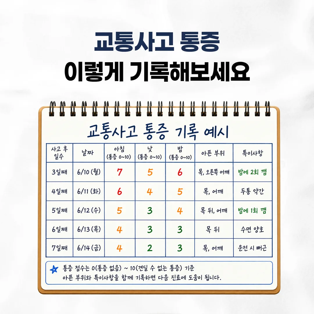 교통사고 통증 기록 수첩 작성 예시