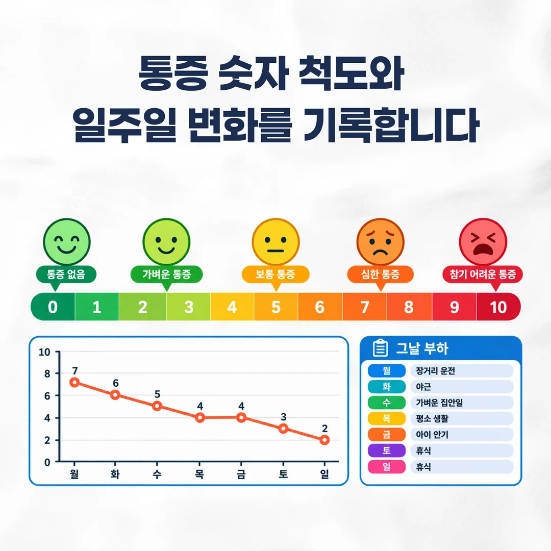 0에서 10까지 통증 숫자 척도와 일주일 경과 그래프