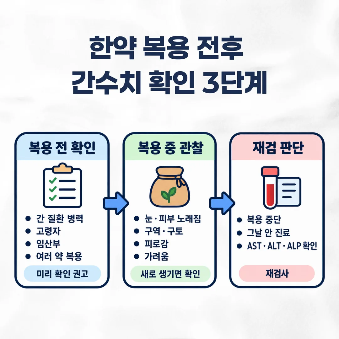 한약 복용 전 간수치 확인, 복용 중 관찰, 재검사 판단으로 이어지는 세 단계 흐름도