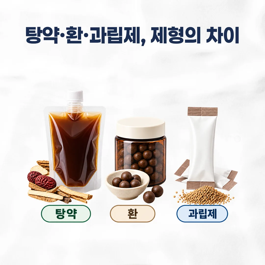 탕약 파우치와 환, 과립제 포장을 나란히 놓고 형태와 포장 단위를 비교한 사진