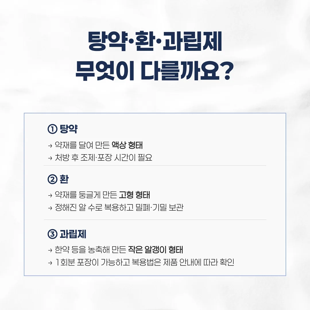 대한민국약전 제제총칙 기준으로 전제와 환제, 과립제의 형태와 보관 용기 조건을 비교한 도해