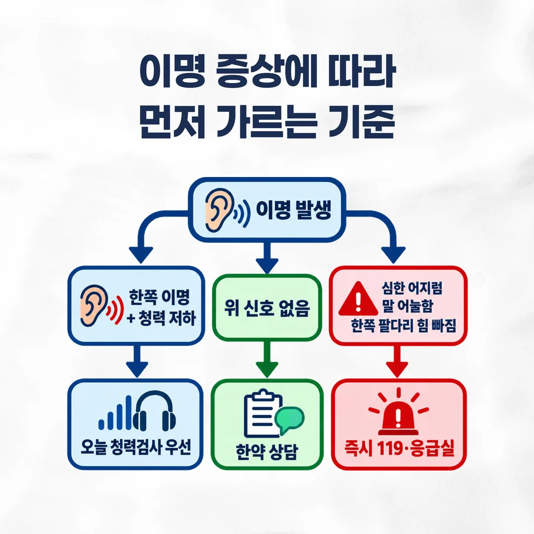 이명 증상에 따라 청력검사·응급·한약 상담으로 나뉘는 갈림 기준 도식
