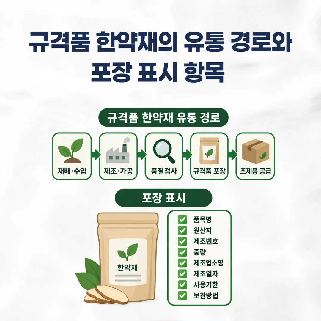 규격품 한약재의 유통 경로와 포장 표시 항목 도표