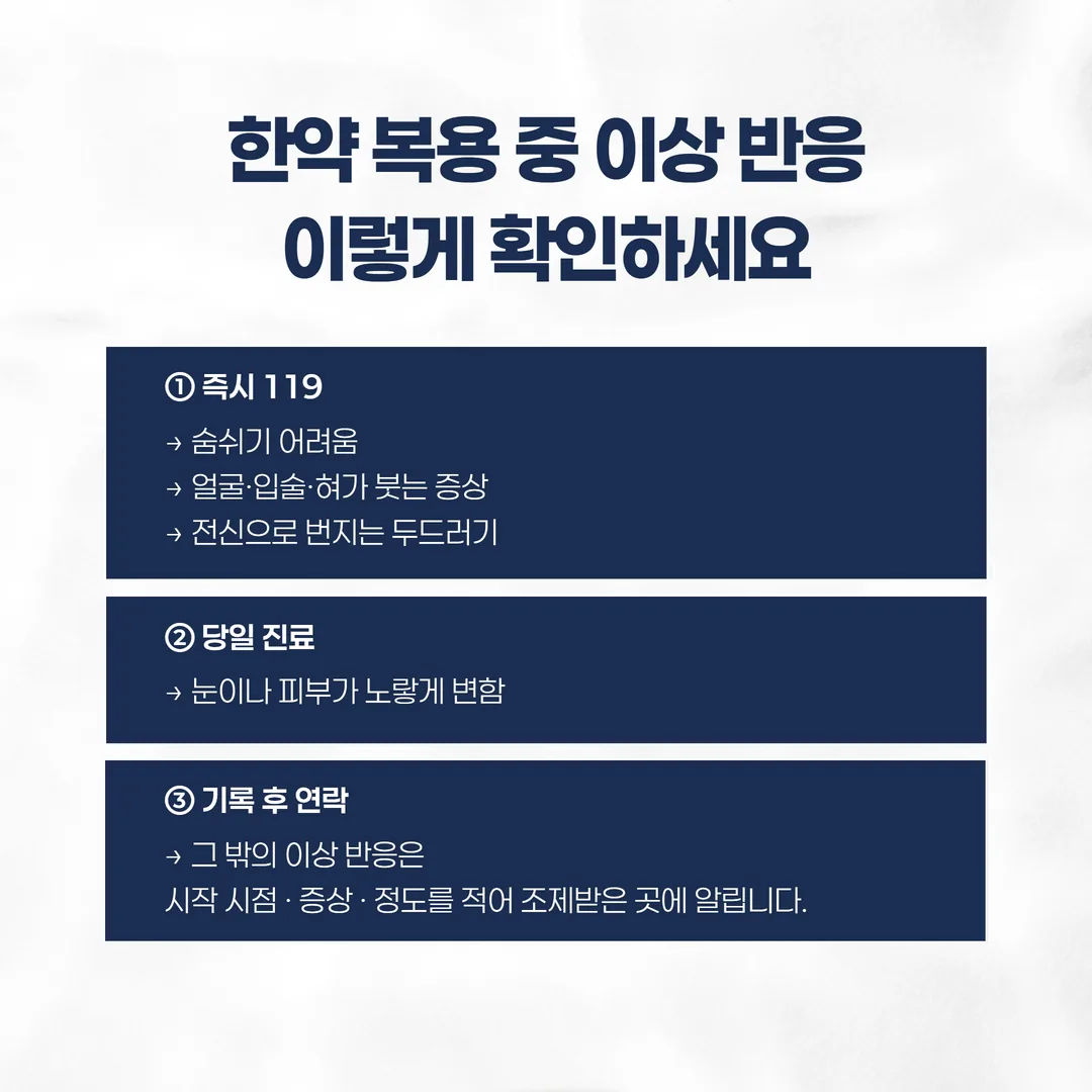 한약 복용 중 이상 반응 판단 순서도 - 119 신호와 당일 진료 신호, 기록 후 연락