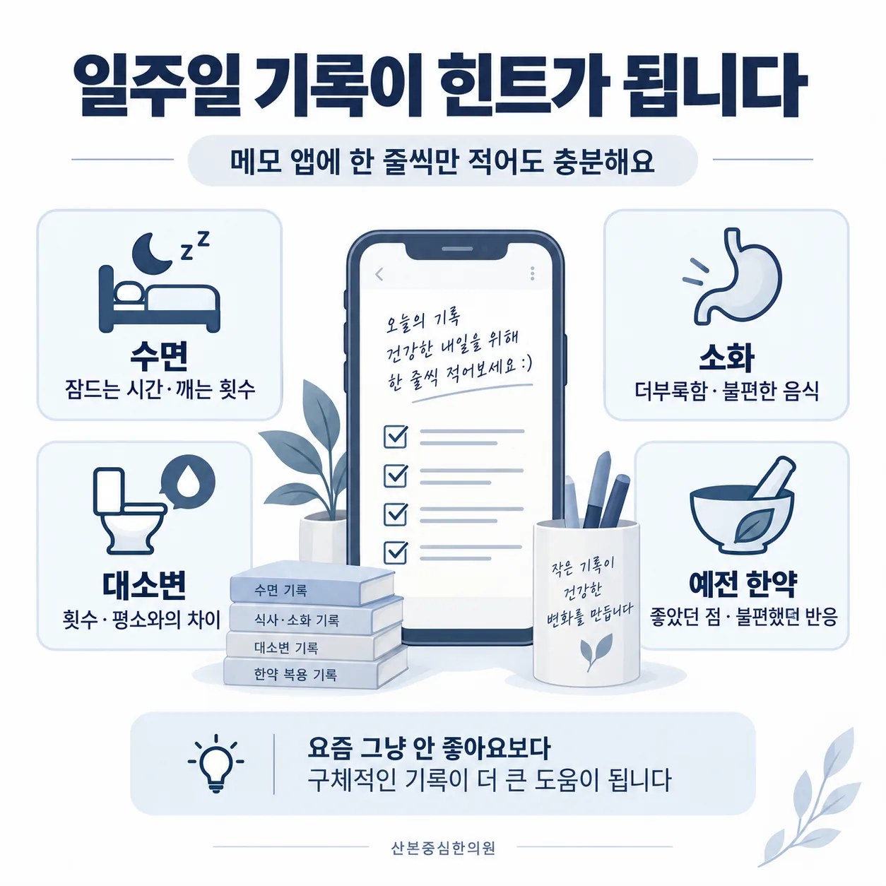 일주일 동안 잠과 소화, 대소변을 기록한 메모 예시