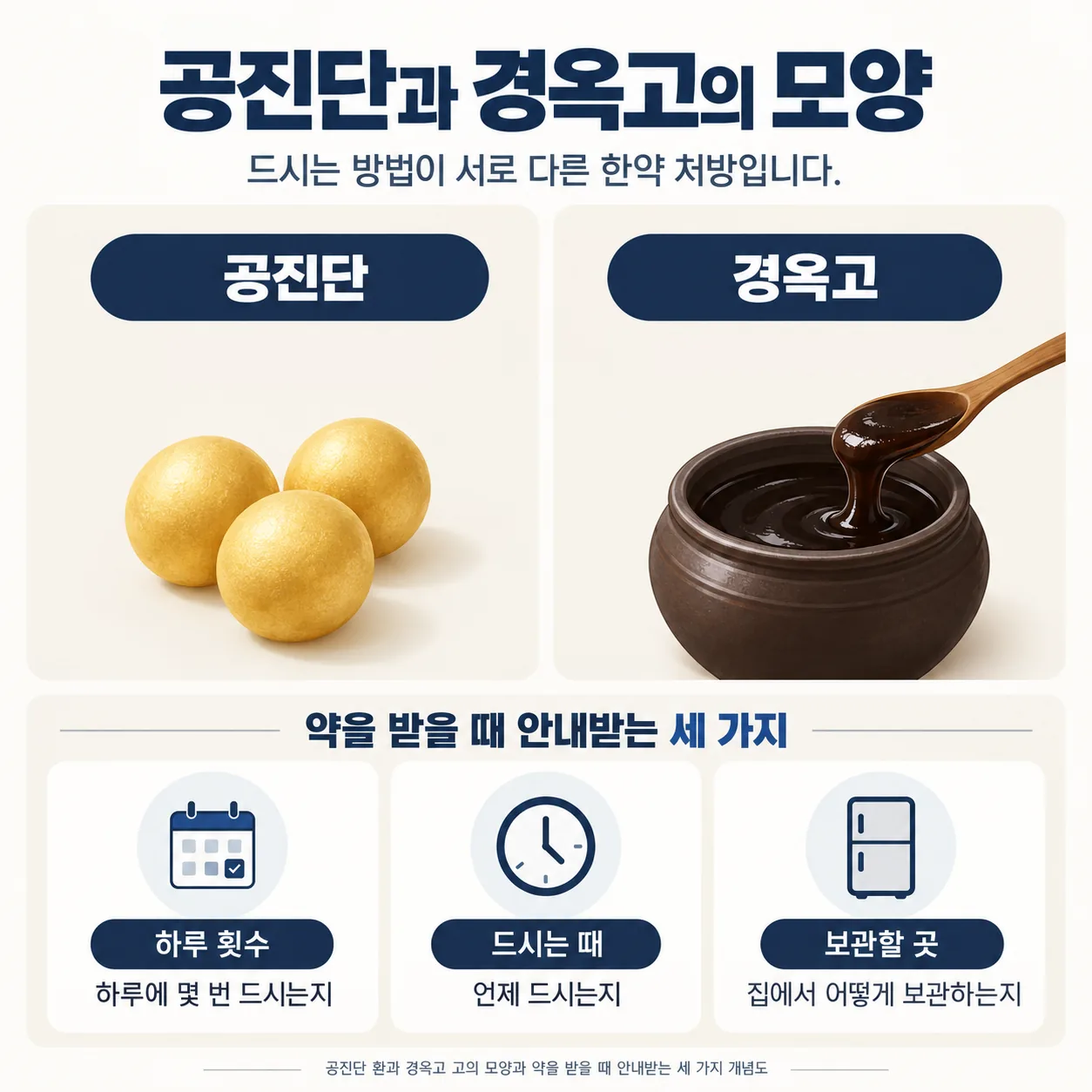 공진단 환과 경옥고 고의 모양과 약을 받을 때 안내받는 세 가지 개념도