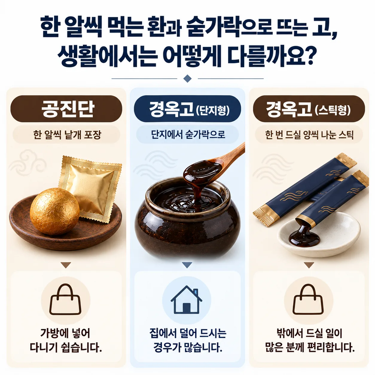 공진단 환과 경옥고 단지·스틱 포장의 휴대 차이 개념도